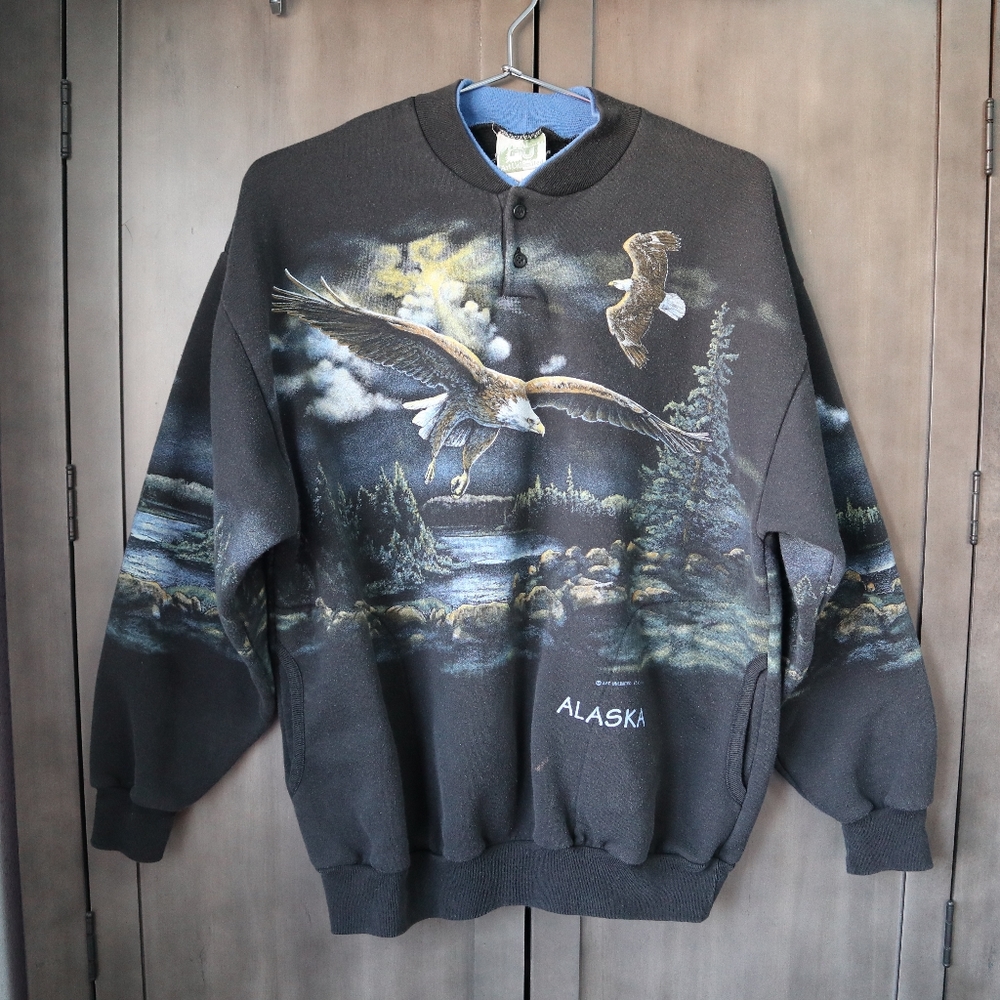 Vtg Art Unlimited Large Eagle Alaska Lake Scenery Sweater With Pockets C. Cunico